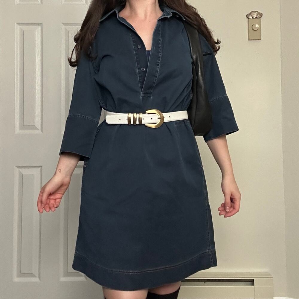 Lafayette 148 S Dark Blue Denim Tunic Mini Dress Collared Button Up Pockets - Picture 1 of 6